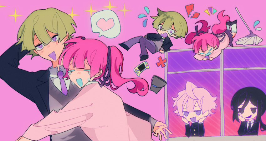 1girl, 3boys, ahoge, ame_michiko, black_eyes, black_hair, black_jacket, black_necktie