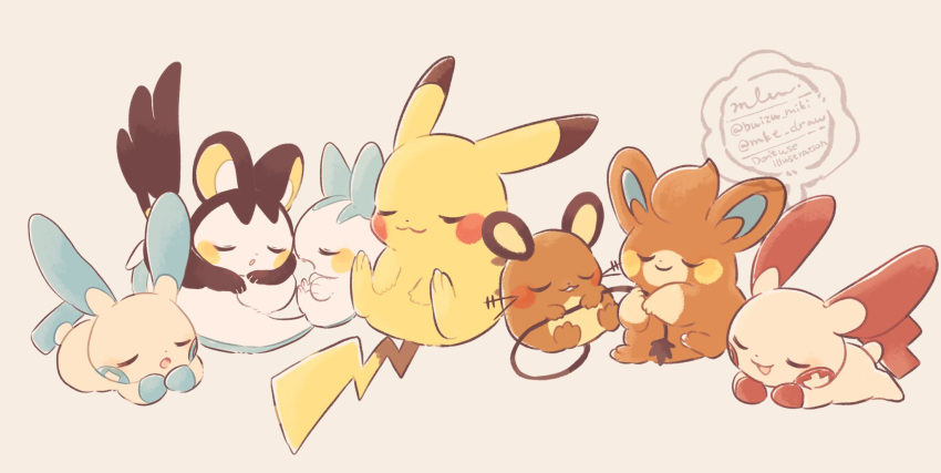 closed_eyes, closed_mouth, dedenne, emolga, highres, minun, mkt_(buizu-miki), no_humans