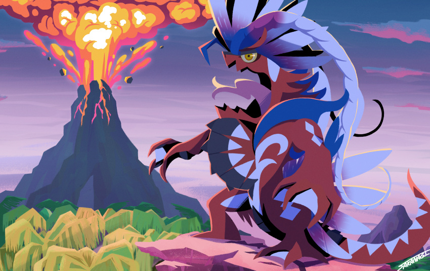 1other, absurdres, artist_name, cococo029, commentary_request, eruption, feathers, grey_sky
