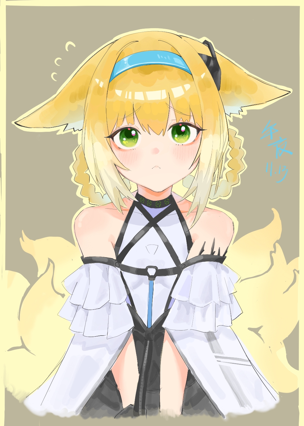 :<, animal_ears, arknights, bare_shoulders, blonde_hair, blue_hairband, blush, chinese_commentary, closed_mouth, commentary_request, cropped_torso, flying_sweatdrops, green_eyes, grey_background, hair_intakes, hair_rings, hairband, highres, looking_at_viewer, material_growth, multiple_tails, oripathy_lesion_(arknights), short_hair, simple_background, sketch, suzuran_(arknights), tail, wuye_z, yellow_tail
