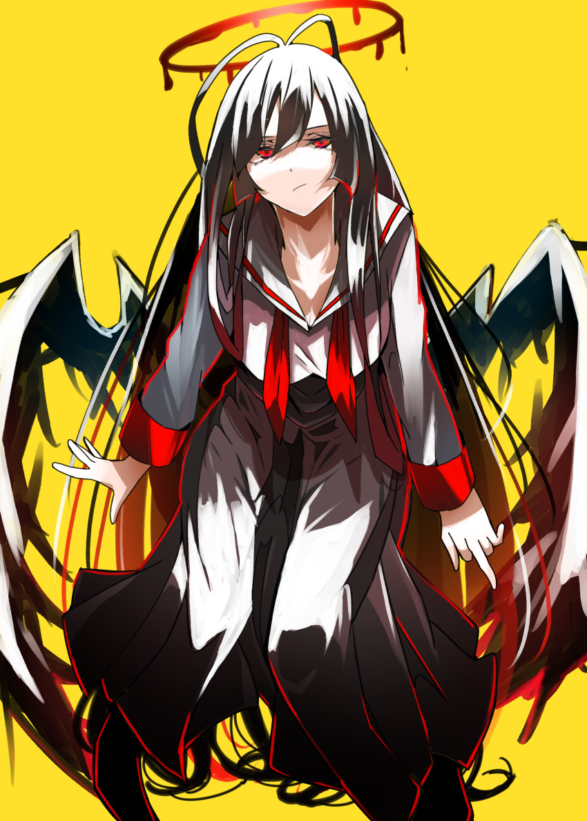 1girl, absurdres, amateru, antenna_hair, black_hair, black_serafuku, black_skirt, black_wings