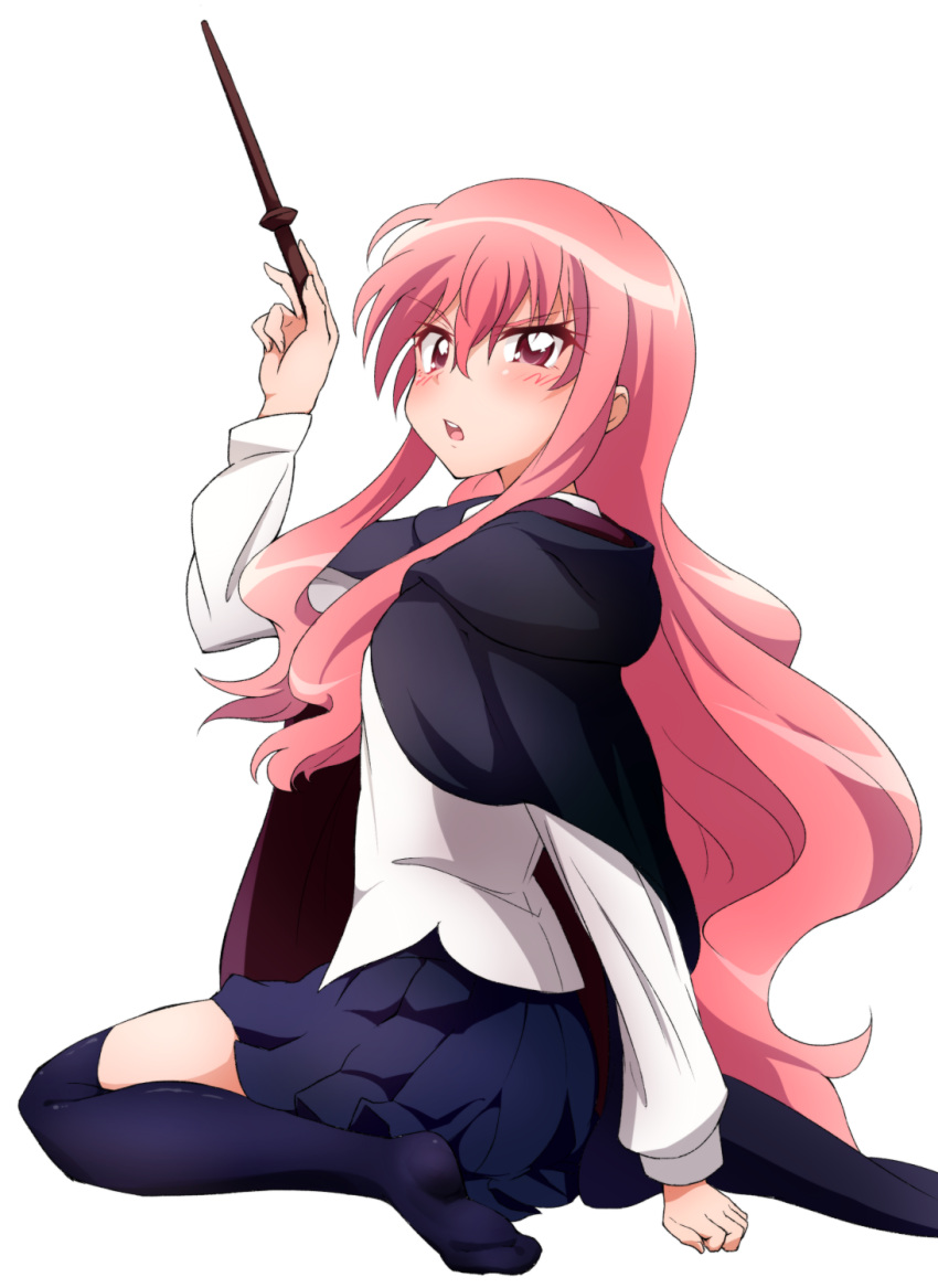 1girl, arm_behind_back, arm_up, black_cloak, blue_skirt, blue_thighhighs, blush, cloak