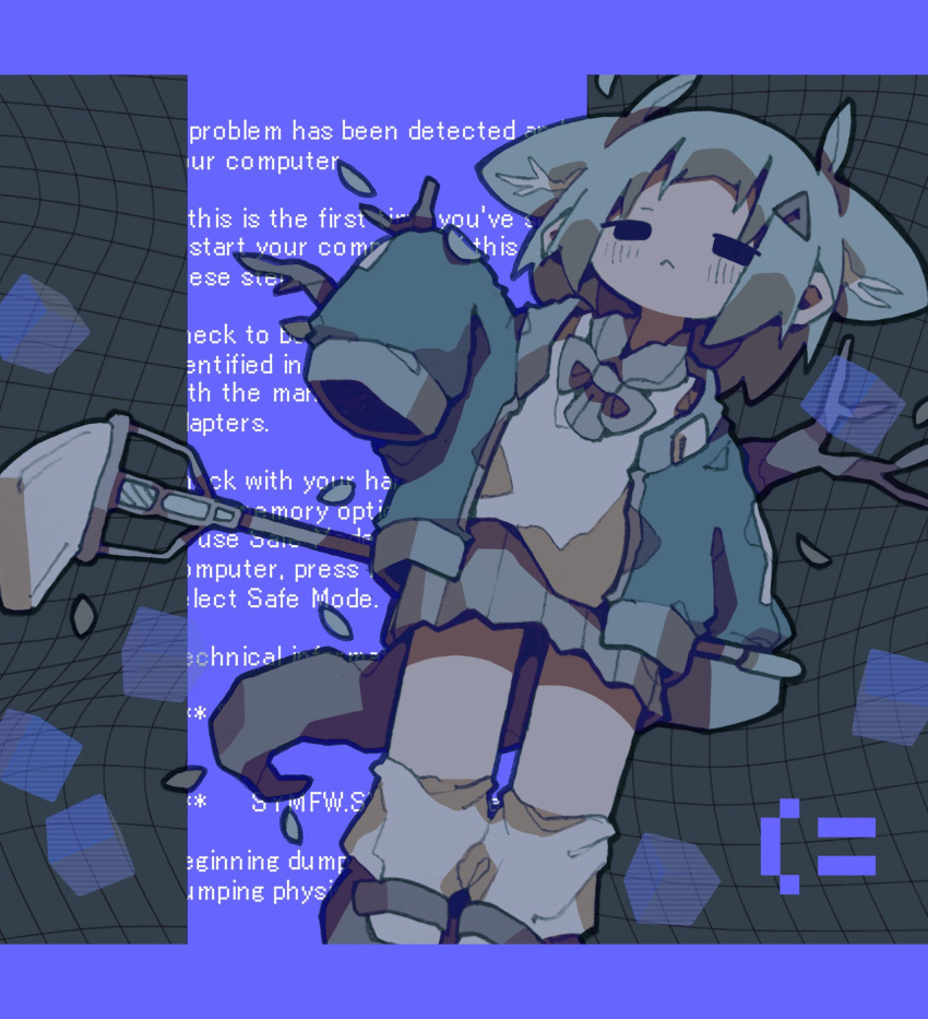 1girl, :<, bad_id, bad_twitter_id, black_eyes, blue_screen_of_death, branch, closed_mouth