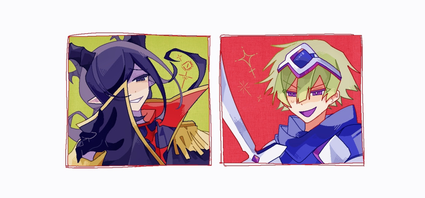 2boys, black_eyes, black_gloves, black_hair, black_jacket, blue_scarf, bright_pupils, chinese_commentary, colored_eyelashes, commentary_request, fallin'_dead_relive_life_(vocaloid), gloves, gold_trim, grin, headband, jacket, kunai_tadashi, kuwuzhengpai, long_sleeves, male_focus, multiple_boys, mystical_high_collar, open_mouth, original, pointy_ears, scarf, short_hair, smile, sweat, sword, tanaka_naro, two-sided_fabric, two-sided_jacket, violet_eyes, vocaloid, weapon, white_pupils
