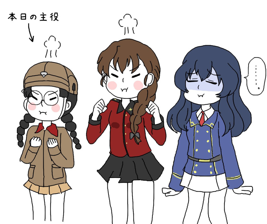 3girls, angry, aqclk, belt, black_hair, black_ribbon, black_skirt, blue_hair