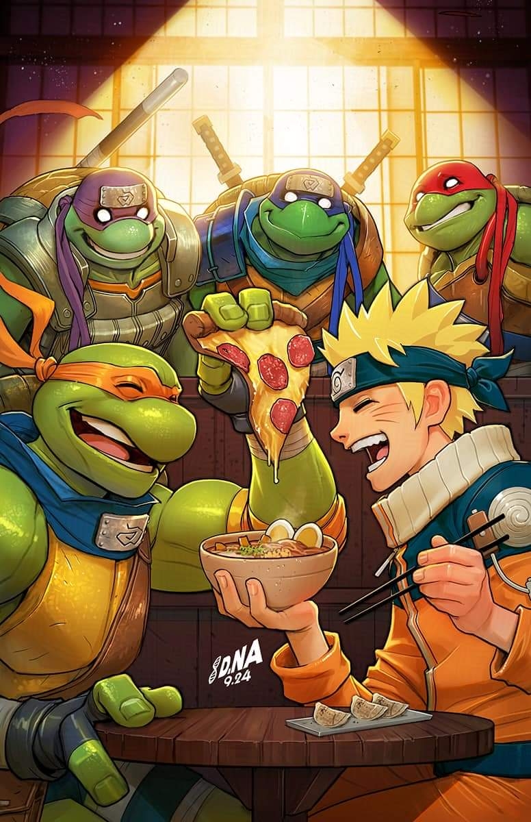 5boys, biceps, blonde_hair, bowl, chopsticks, commentary, crossover, david_nakayama, donatello, donatello_(tmnt), dumpling, facial_mark, fewer_digits, fingerless_gloves, flak_jacket, food, forehead_protector, gloves, highres, holding, holding_chopsticks, holding_food, holding_pizza, jacket, jiaozi, konohagakure_symbol, leonardo, leonardo_(tmnt), mask, michelangelo, michelangelo_(tmnt), multiple_boys, naruto, naruto_(series), official_art, pizza, pizza_slice, raphael, raphael_(tmnt), scarf, second-party_source, smile, teenage_mutant_ninja_turtles, turtle_boy, turtle_shell, uzumaki_naruto, whisker_markings