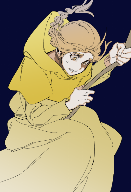 1girl, chi.:_chikyuu_no_undou_ni_tsuite, head_down, jolenta, light_brown_hair, rappelling, rope, simple_background, skirt, tri_braids, yellow_hood, yellow_skirt