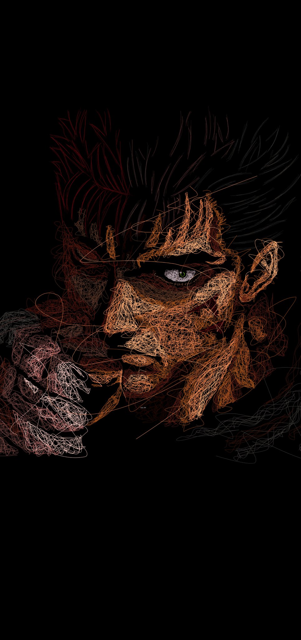 1boy, aveharoun, bandaged_arm, bandages, berserk, black_background, black_hair, blood_on_cheek