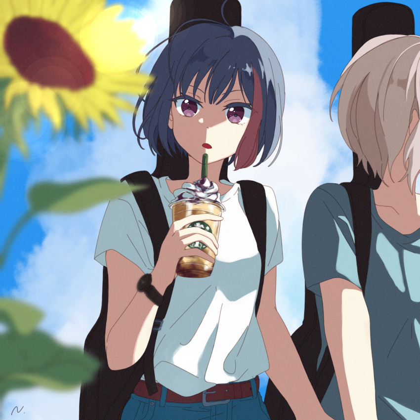 2girls, ahoge, aoba_moca, bang_dream!, belt, black_hair, blurry, brown_belt