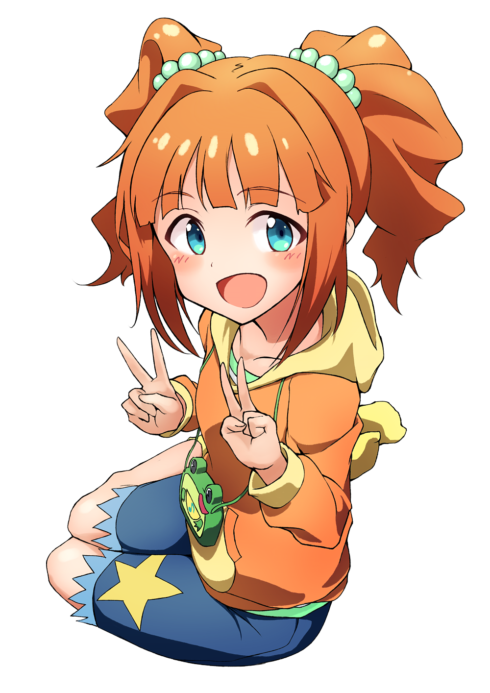 1girl, :d, blue_eyes, blue_shorts, blush, brown_hair, commentary_request, daidaiiro