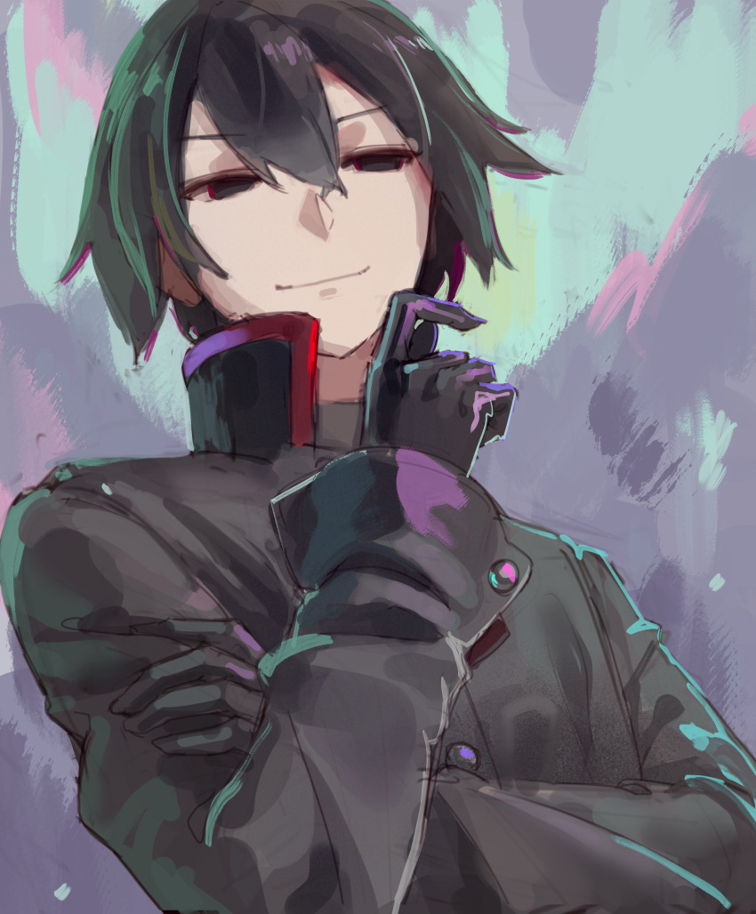 1boy, absurdres, black_eyes, black_gloves, black_hair, black_jacket, commentary, crossed_bangs