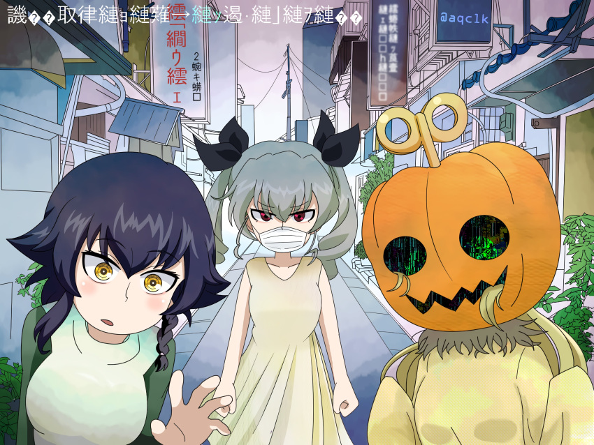 absurdres, alternate_costume, anchovy_(girls_und_panzer), aqclk, black_hair, black_ribbon, blonde_hair, braid, breasts, building, carpaccio_(girls_und_panzer), clenched_hands, dress, drill_hair, girls_und_panzer, green_hair, green_jacket, hair_ribbon, halloween, highres, horror_(theme), jacket, long_hair, mask, mouth_mask, pepperoni_(girls_und_panzer), pumpkin_costume, pumpkin_on_head, red_eyes, ribbon, road, shirt, short_hair, sleeveless, street, the_matrix, translation_request, twin_drills, twintails, white_shirt, yellow_dress, yellow_eyes