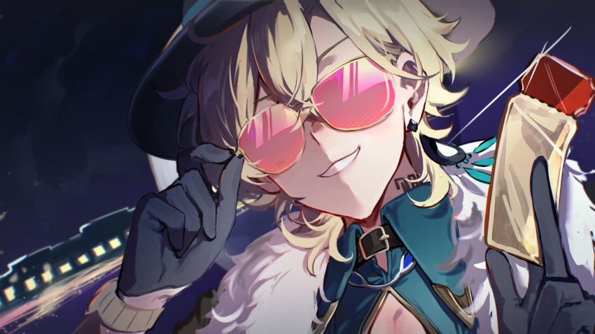 1boy, adjusting_eyewear, aqua_shirt, astral_express_(honkai:_star_rail), aventurine_(honkai:_star_rail), black_collar, black_gloves, black_hat