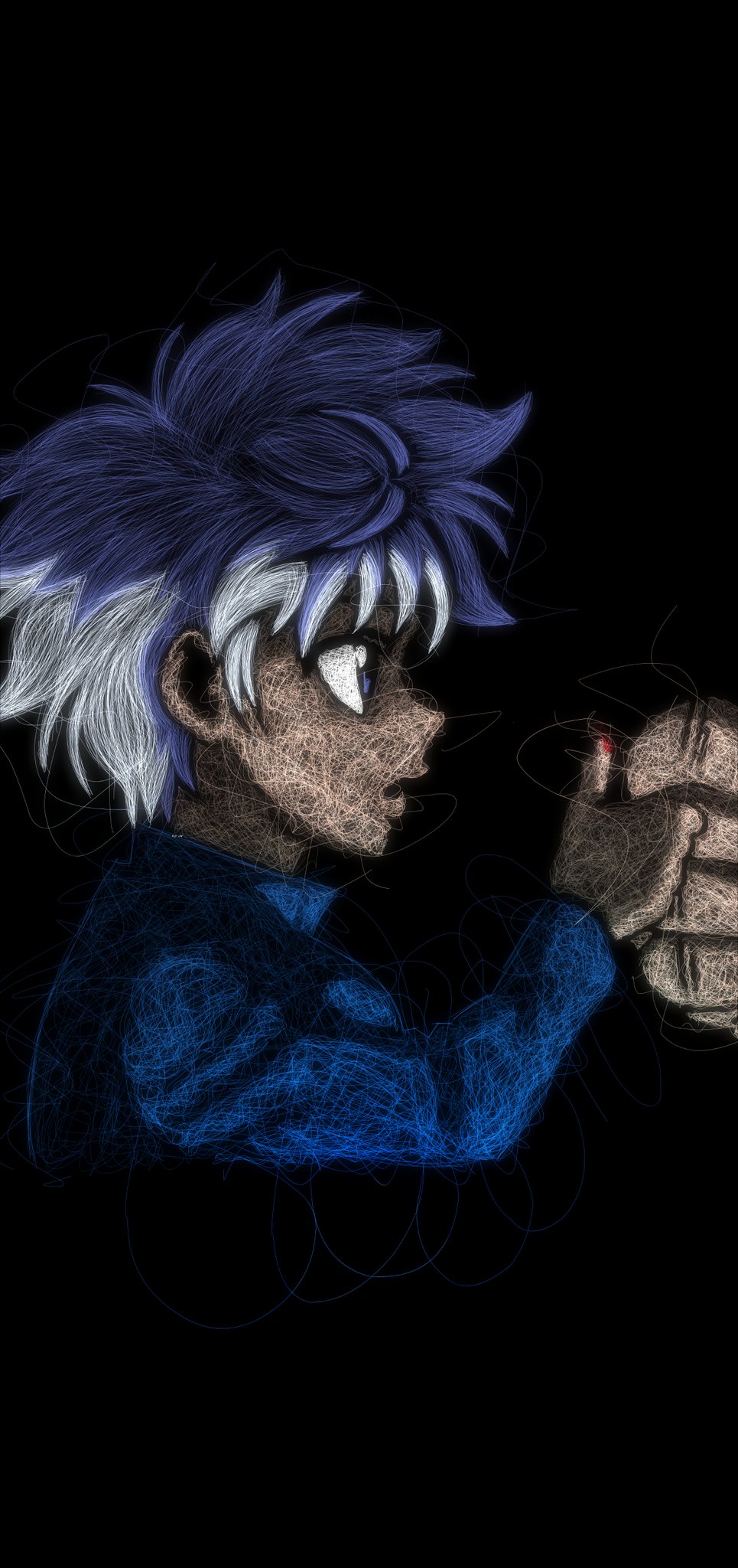 1boy, artist_name, aveharoun, black_background, blood, blood_on_hands, blue_eyes, blue_shirt