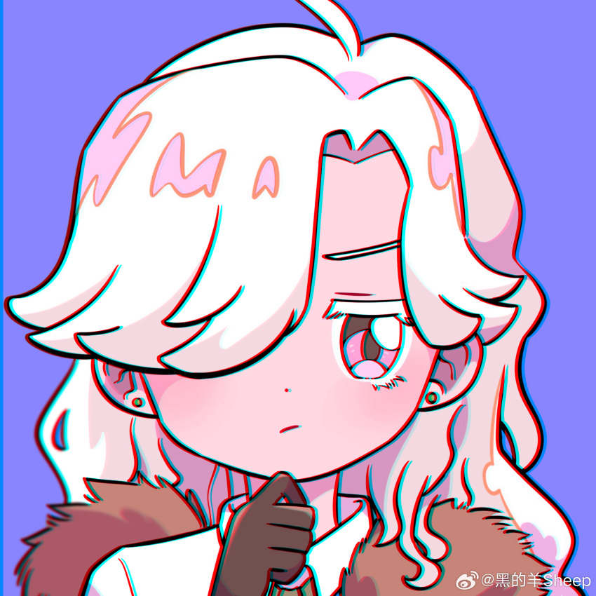 1girl, :/, ahoge, black_gloves, chromatic_aberration, coat, colored_eyelashes, fur-trimmed_coat