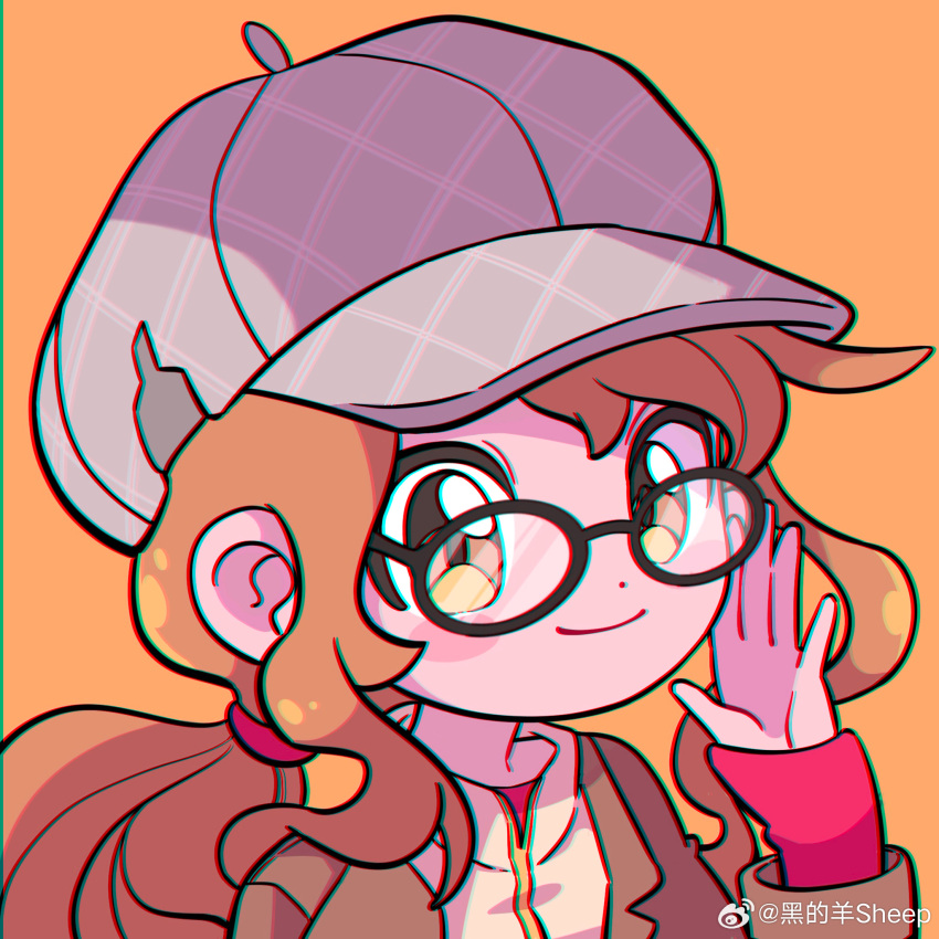 1girl, adjusting_eyewear, black-framed_eyewear, brown_eyes, brown_hair, brown_jacket, cabbie_hat, chromatic_aberration, closed_mouth, glasses, grey_hat, hand_on_eyewear, hand_up, hat, hei_de_yang_sheep, highres, jacket, long_hair, looking_at_viewer, low_ponytail, melania_(reverse:1999), orange_background, portrait, reverse:1999, smile, solo, sweater, weibo_logo, weibo_watermark, white_sweater