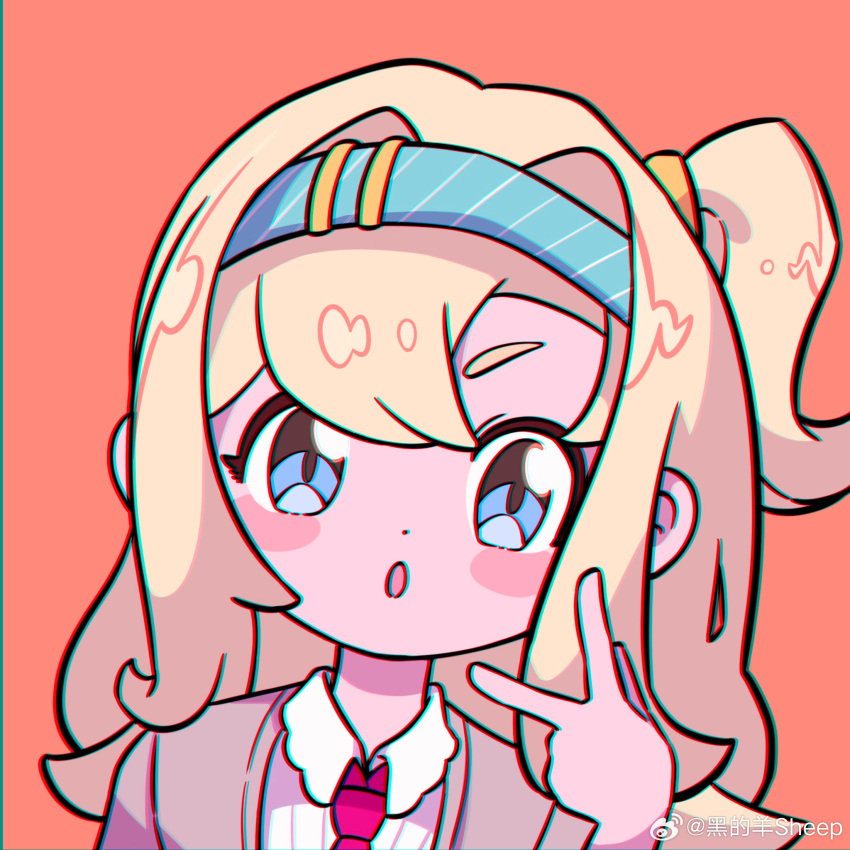 1girl, :o, asymmetrical_bangs, blonde_hair, blue_eyes, blue_hairband, chromatic_aberration, collared_shirt