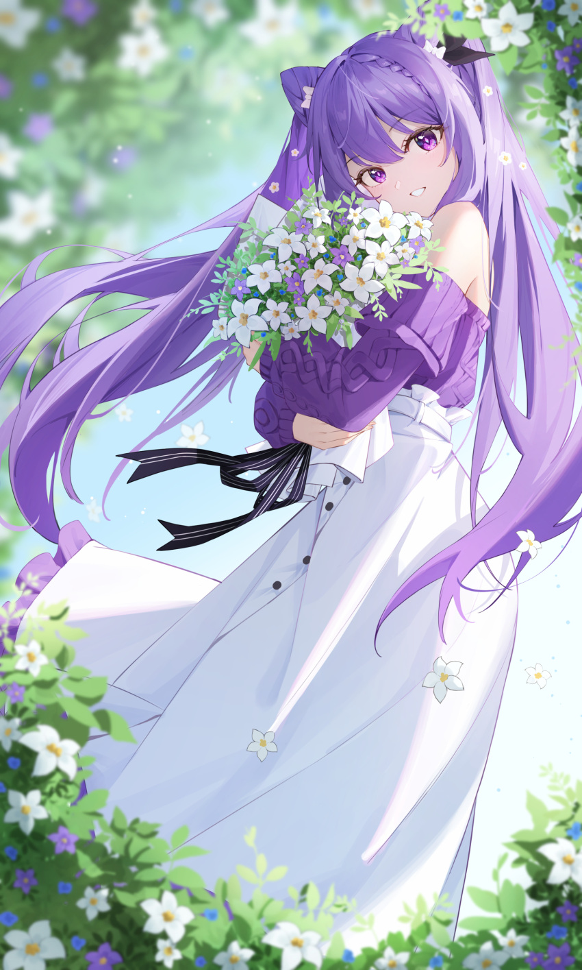 1girl, absurdres, bare_shoulders, blurry, blurry_background, bouquet, braid, cone_hair_bun, diamond-shaped_pupils, diamond_(shape), double_bun, dress, floating_hair, flower, genshin_impact, hair_bun, highres, holding, holding_bouquet, keqing_(genshin_impact), keqing_(lantern_rite)_(genshin_impact), long_dress, long_hair, long_sleeves, looking_at_viewer, off_shoulder, official_alternate_costume, outdoors, parted_lips, pink_eyes, purple_hair, qi_di_xiong, smile, solo, standing, symbol-shaped_pupils, twintails, white_dress, white_flower