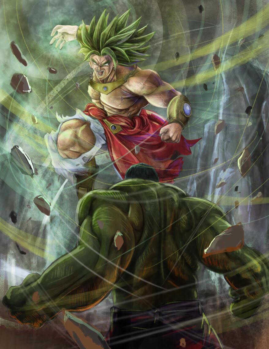 2boys, abs, battle, blue_pants, bracer, broly_(dragon_ball_z), brown_footwear, colored_skin