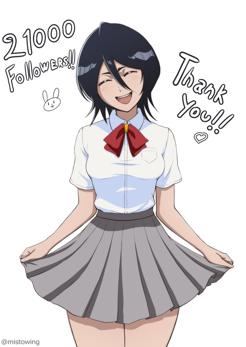 1girl, :d, artist_name, black_hair, bleach, blush, bob_cut, bow