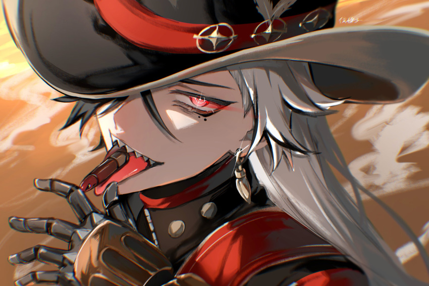 1boy, artist_name, black_hair, black_hat, black_jacket, boothill_(honkai:_star_rail), brown_background, bullet