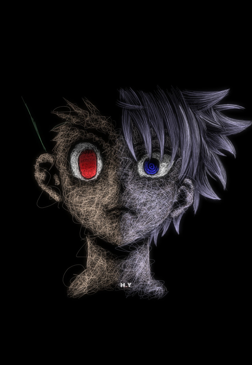 2boys, artist_name, aveharoun, blue_eyes, closed_mouth, empty_eyes, english_commentary, gon_freecss, green_hair, grey_hair, highres, hunter_x_hunter, killua_zoldyck, looking_at_viewer, male_focus, multiple_boys, pale_skin, portrait, red_eyes, short_hair, split_screen, split_theme, v-shaped_eyebrows, wispy_bangs