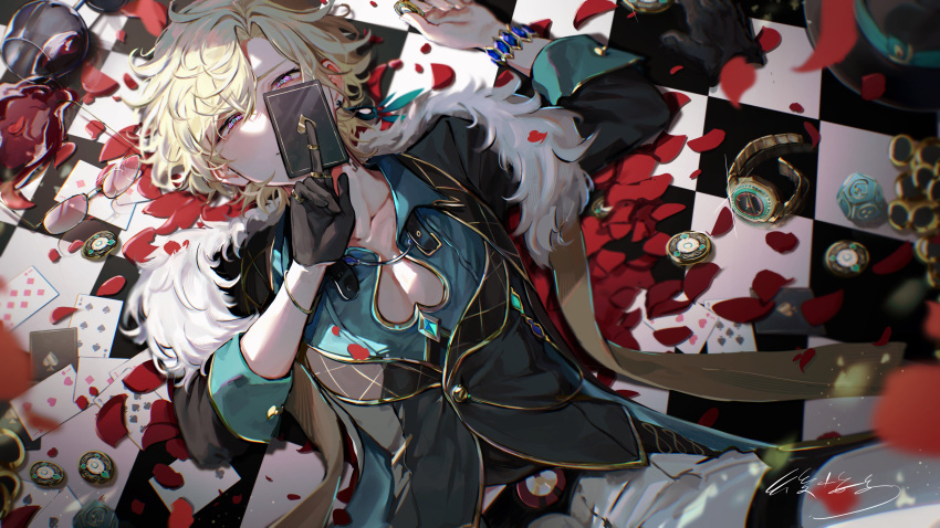 1boy, absurdres, alcohol, aqua_shirt, artist_name, aventurine_(honkai:_star_rail), black_collar, black_gloves, black_hat, black_jacket, black_vest, blonde_hair, blue_eyes, blush, bracelet, buttons, card, cleavage_cutout, clothing_cutout, club_(shape), collar, collarbone, collared_shirt, commentary_request, crossed_bangs, cup, diamond_(shape), dice, drinking_glass, earrings, fedora, fur-trimmed_jacket, fur_trim, gem, gloves, gold_trim, hair_between_eyes, half_gloves, hand_up, hat, heart, highres, holding, holding_card, honkai:_star_rail, honkai_(series), jacket, jewelry, koukai_sita, light_particles, long_sleeves, looking_at_viewer, lying, male_focus, multicolored_eyes, neck_tattoo, on_back, on_floor, open_clothes, open_collar, open_jacket, pants, parted_bangs, petals, pink-tinted_eyewear, playing_card, poker_chip, raised_eyebrows, red_wine, rose_petals, shirt, short_hair, signature, single_earring, single_glove, sleeves_rolled_up, solo, spade_(shape), sunglasses, tattoo, thigh_strap, tile_floor, tiles, tinted_eyewear, unworn_eyewear, unworn_hat, unworn_headwear, unworn_wristwatch, vest, violet_eyes, watch, watch, white_pants, wine, wine_glass