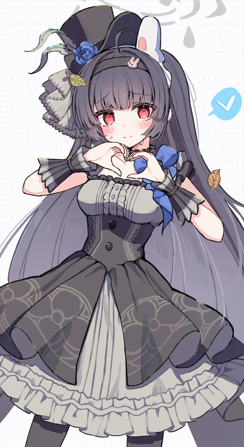 1girl, animal_ears, black_dress, black_hair, black_hairband, black_hat, blue_archive, blue_flower