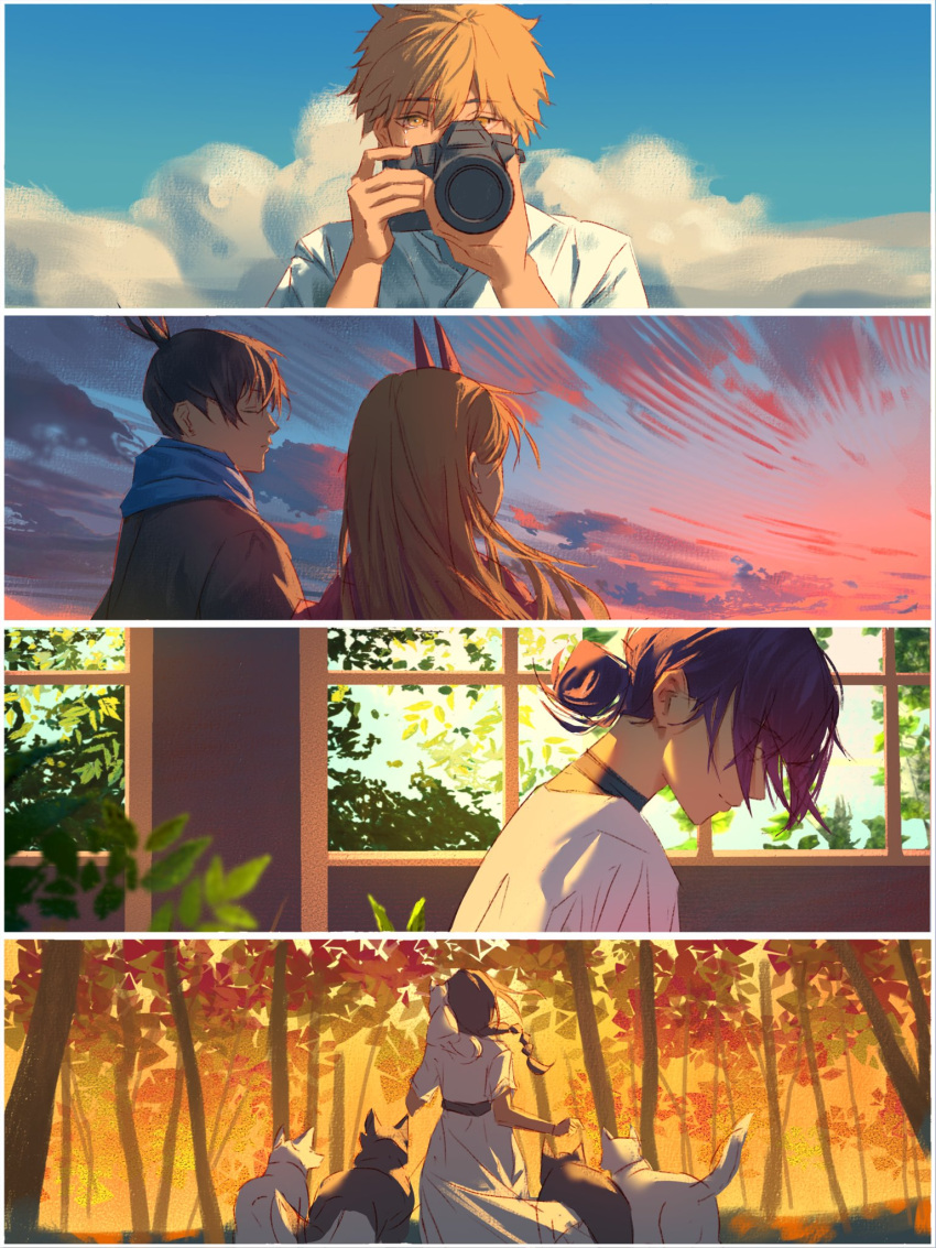 2boys, 3girls, animal, animal_on_shoulder, belt, black_belt, black_choker, black_hair, blonde_hair, blue_scarf, braid, camera, cat, chainsaw_man, choker, clouds, commentary, crying, crying_with_eyes_open, demon_horns, denji_(chainsaw_man), dog, dress, floating_hair, from_behind, hair_bun, hayakawa_aki, highres, holding, holding_camera, horns, indoors, kozzz_y, leaf, long_hair, meowy_(chainsaw_man), multiple_boys, multiple_girls, nayuta_(chainsaw_man), outdoors, power_(chainsaw_man), red_horns, reze_(chainsaw_man), scarf, shirt, short_hair, short_sleeves, single_hair_bun, sky, tears, tree, white_dress, white_shirt, window, yellow_eyes