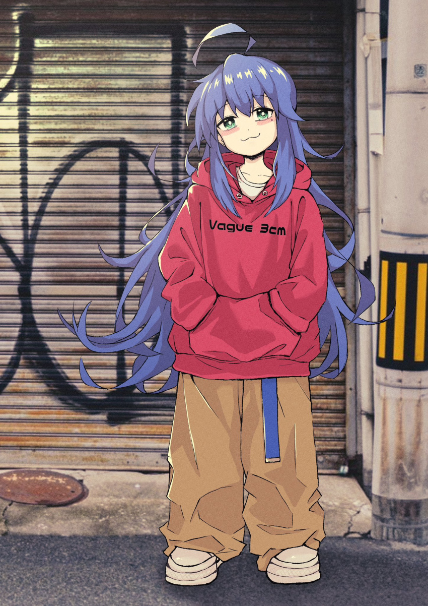1girl, :3, ahoge, alternate_costume, blue_hair, blush, brown_pants, closed_mouth