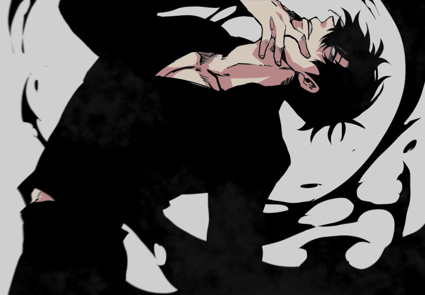 1boy, adam's_apple, black_hair, black_pants, black_shirt, collarbone, darkness, grey_background, grey_eyes, hair_between_eyes, hand_on_own_chin, hand_on_own_face, hiyomon, long_sleeves, looking_at_viewer, male_focus, midriff_peek, open_clothes, open_shirt, pants, shirt, short_hair, simple_background, solo, solo_leveling, sung_jin-woo, teeth, umbrakinesis
