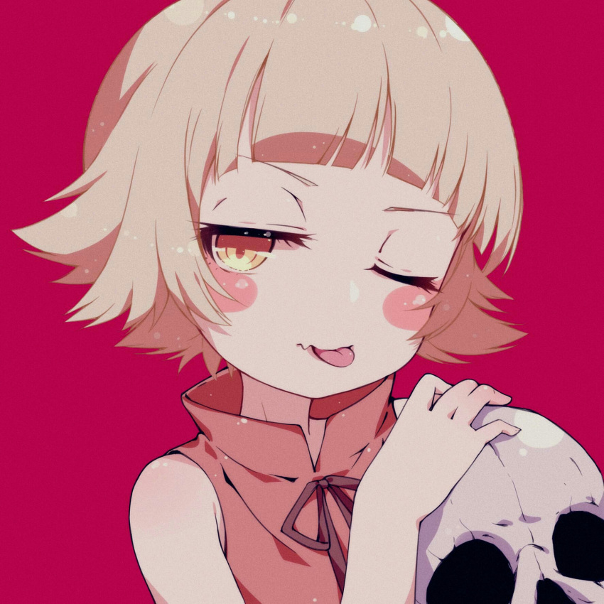 1girl, :p, aged_down, aka_kan, bad_id, bad_pixiv_id, bare_shoulders, blonde_hair, blunt_bangs, blush, blush_stickers, bow, bowtie, close-up, commentary, eyelashes, film_grain, flipped_hair, highres, holding, holding_skull, kiss-shot_acerola-orion_heart-under-blade, kizumonogatari, light_particles, looking_at_viewer, monogatari_(series), neck_ribbon, one_eye_closed, oshino_shinobu, pink_shirt, popped_collar, portrait, purple_bow, purple_bowtie, purple_ribbon, red_background, ribbon, ringed_eyes, shirt, short_hair, skull, sleeveless, sleeveless_shirt, solo, teasing, tongue, tongue_out, yellow_eyes