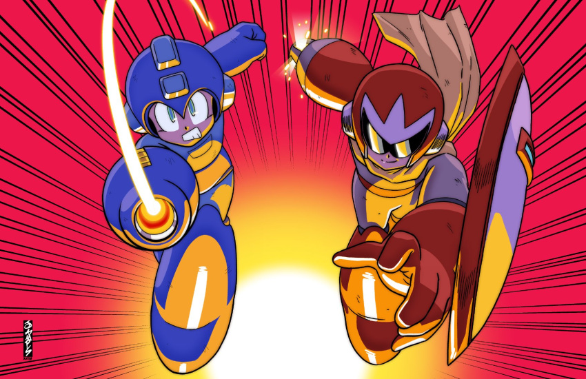 2boys, android, arm_cannon, assault_visor, blue_eyes, brothers, clenched_teeth, commentary
