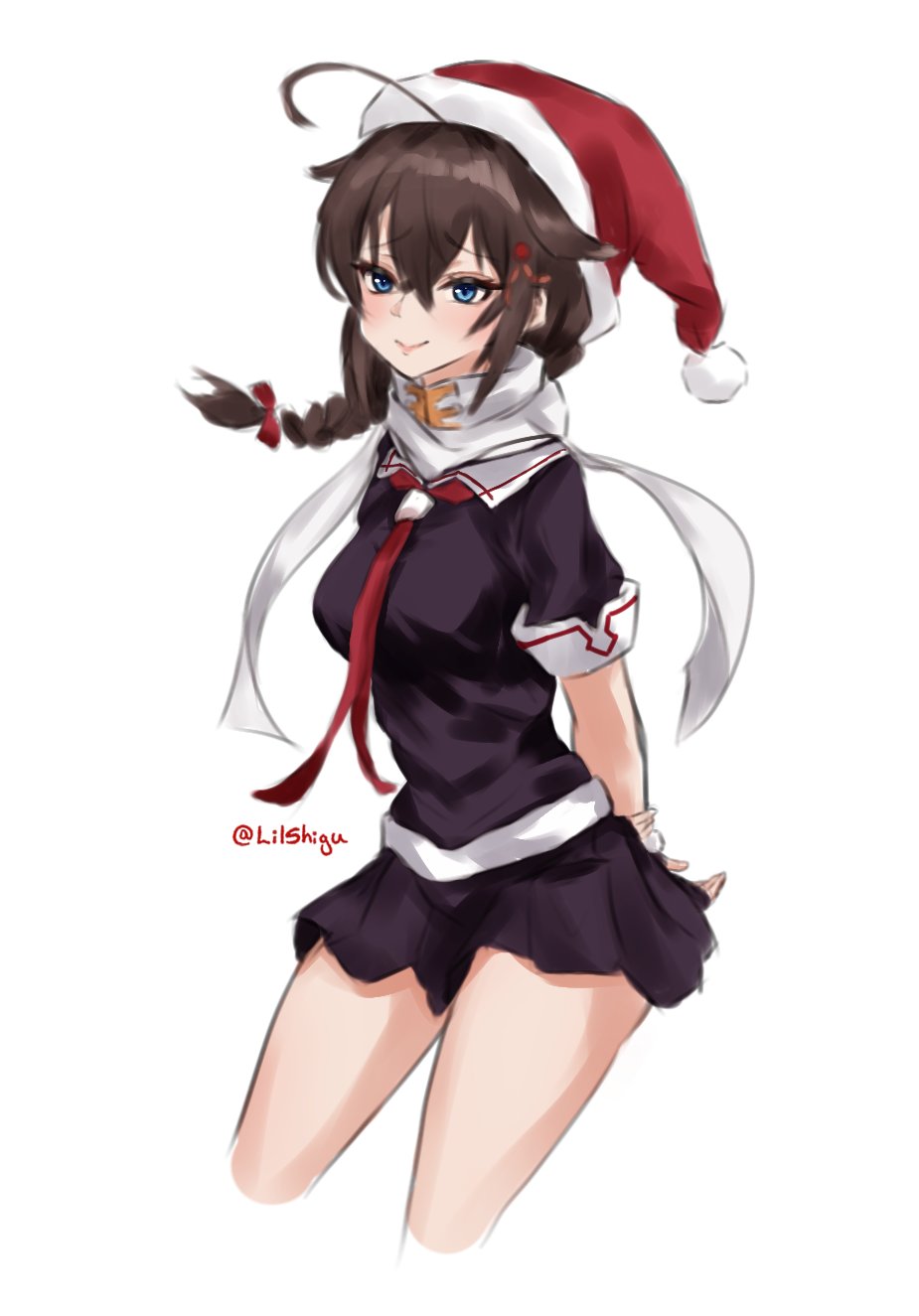 1girl, adapted_costume, ahoge, black_gloves, black_hair, black_serafuku, black_shirt, black_skirt