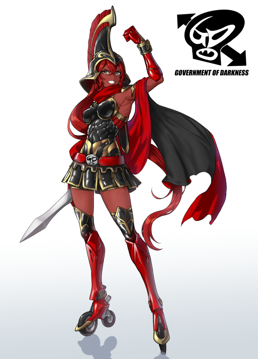 1girl, armor, belt, belt_buckle, black_armor, black_helmet, black_skirt, boobplate
