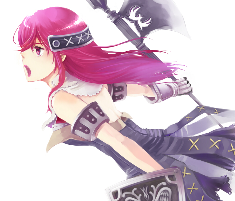 armor, armored_dress, dress, gauntlets, halberd, long_hair, open_mouth, polearm