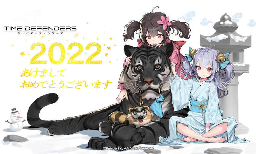 2022, 2girls, absurdres, aqua_kimono, black_hair, black_tiger_(animal), commentary_request, copyright_name, copyright_notice, crossed_bangs, flower, full_body, hair_between_eyes, hair_flower, hair_ornament, happy_new_year, highres, indian_style, japanese_clothes, kaya_no_hime_(time_defenders), kimono, looking_at_viewer, multiple_girls, obi, official_alternate_costume, official_art, on_ground, outdoors, pink_kimono, purple_hair, red_eyes, sash, second-party_source, sitting, snow, snowman, suzuka_hime_(time_defenders), tanuki, tiger, time_defenders, twintails, two_side_up