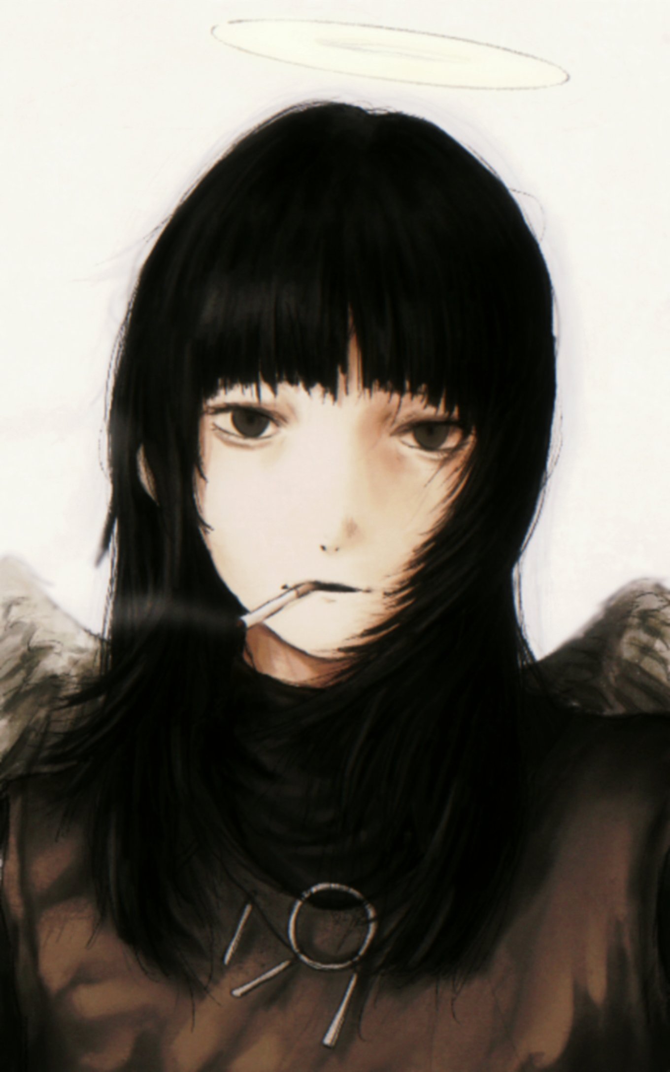 1girl, angel_wings, black_hair, black_sweater, blunt_bangs, cigarette, commentary, english_commentary