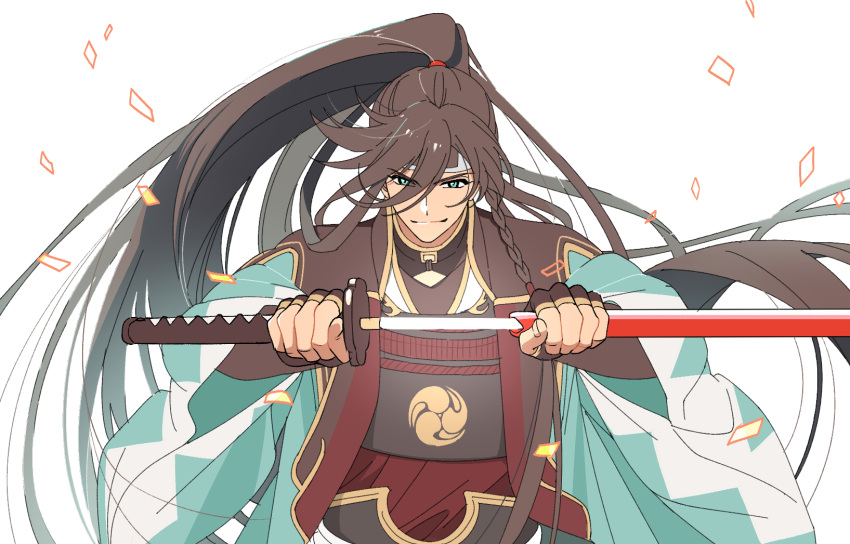 1boy, absurdly_long_hair, arms_up, black_gloves, braid, brown_hair, closed_mouth, commentary_request