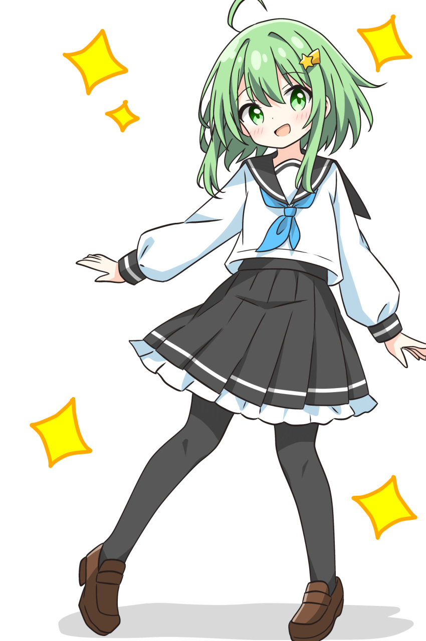 1girl, :d, ahoge, black_pantyhose, black_sailor_collar, black_skirt, blue_neckerchief, blush