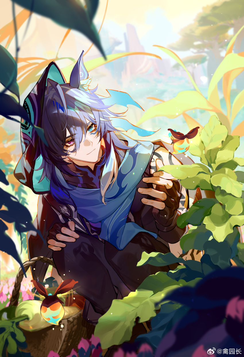 1boy, ahoge, animal_ear_fluff, animal_ears, arm_markings, asymmetrical_sleeves, basket, bat_ears
