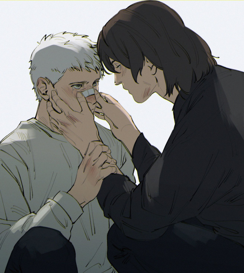 2boys, aragaki_shinjirou, bandaid, bandaid_on_face, bandaid_on_nose, black_pants, black_shirt, brown_hair
