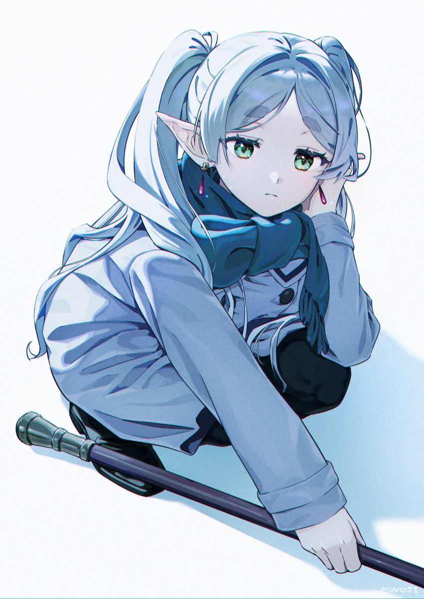 1girl, absurdres, closed_mouth, coat, commentary, earrings, elf, expressionless