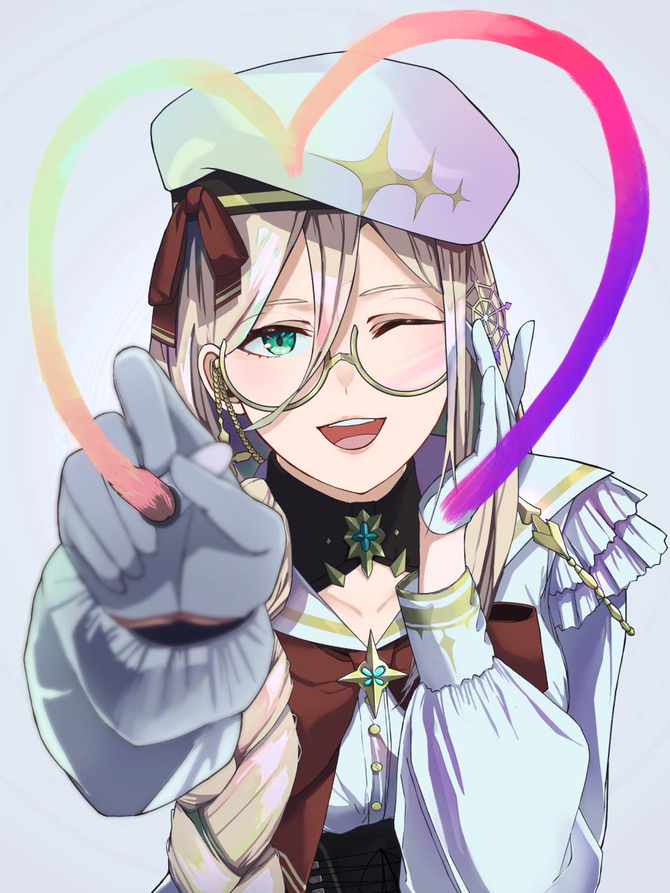 1girl, adjusting_eyewear, aia_amare, aia_amare_(1st_costume), aqua_eyes, beret, blonde_hair, braid