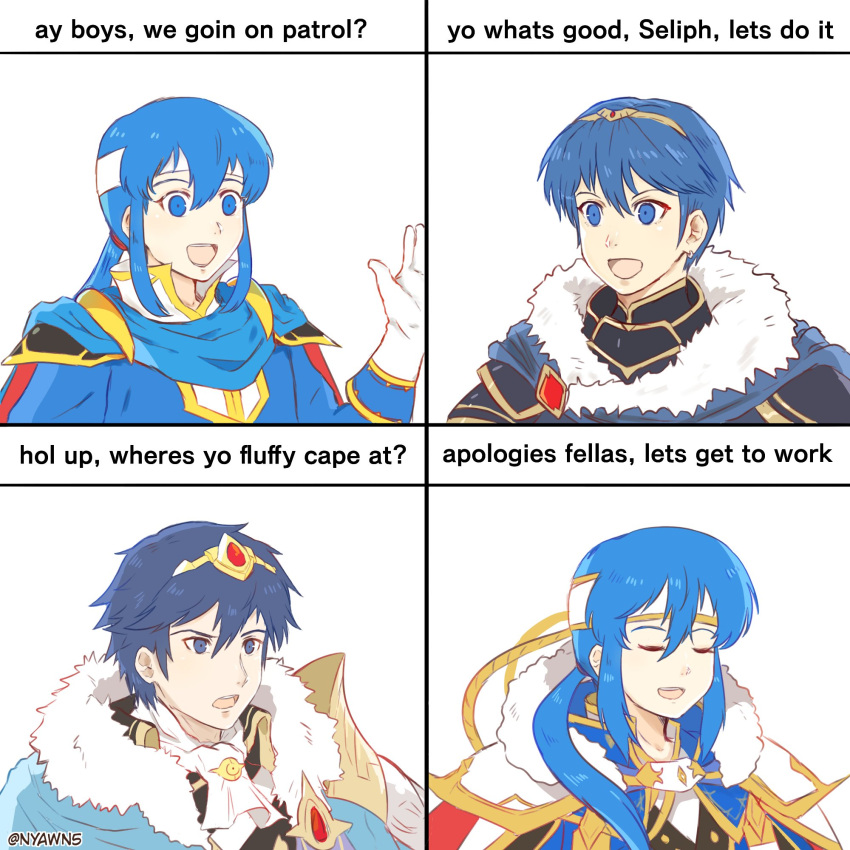 3boys, :d, armor, ascot, blue_cape, blue_eyes, blue_hair, blue_tunic, cape, chrom_(crowned_exalt)_(fire_emblem), closed_eyes, earrings, english_text, fire_emblem, fire_emblem:_genealogy_of_the_holy_war, fire_emblem:_mystery_of_the_emblem, fire_emblem_awakening, fire_emblem_heroes, fur-trimmed_cape, fur_trim, gem, gloves, gold_trim, hand_up, headband, high_collar, highres, jewelry, long_hair, low_ponytail, male_focus, marth_(fire_emblem), meme, multiple_boys, nyawn5, official_alternate_costume, open_mouth, pauldrons, red_gemstone, seliph_(fire_emblem), seliph_(scion_of_light)_(fire_emblem), short_hair, shoulder_armor, single_pauldron, smile, teeth, tiara, tunic, upper_teeth_only, v-shaped_eyebrows, white_ascot, white_background, white_gloves, white_headband, wide-eyed