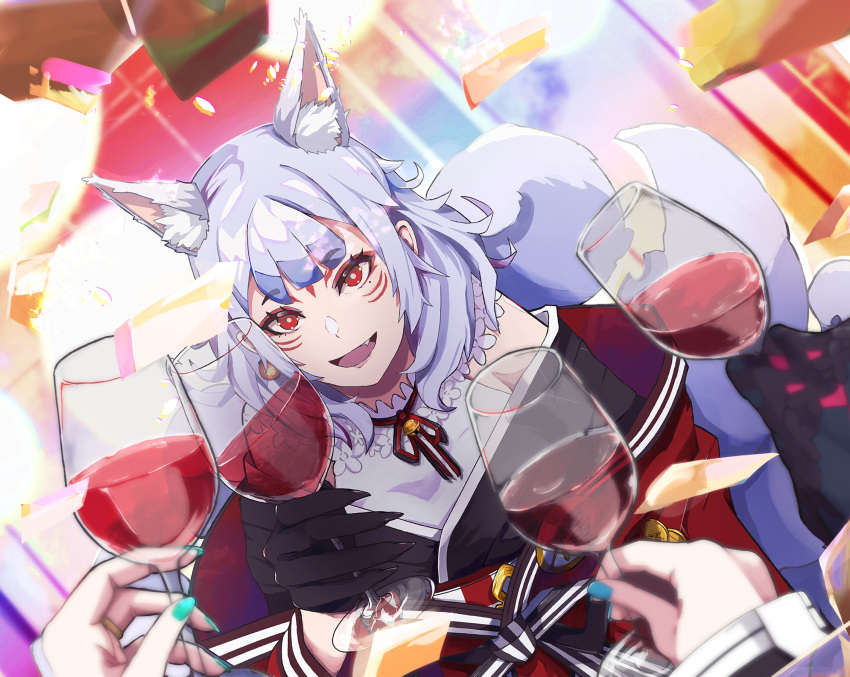 4girls, alcohol, animal_ear_fluff, animal_ears, aqua_nails, bell, black_gloves, blue_nails, confetti, cup, dress, drinking_glass, enna_alouette, ethyria, facial_mark, fang, fox_ears, fox_tail, gloves, highres, japanese_clothes, jingle_bell, kimono, long_hair, millie_parfait, mole, mole_under_eye, multiple_girls, multiple_tails, na2co3_verano, nijisanji, nijisanji_en, nina_kosaka, nina_kosaka_(1st_costume), off-shoulder_dress, off_shoulder, open_mouth, pov, reimu_endou, smile, tail, toasting_(gesture), virtual_youtuber, white_hair, wine, wine_glass