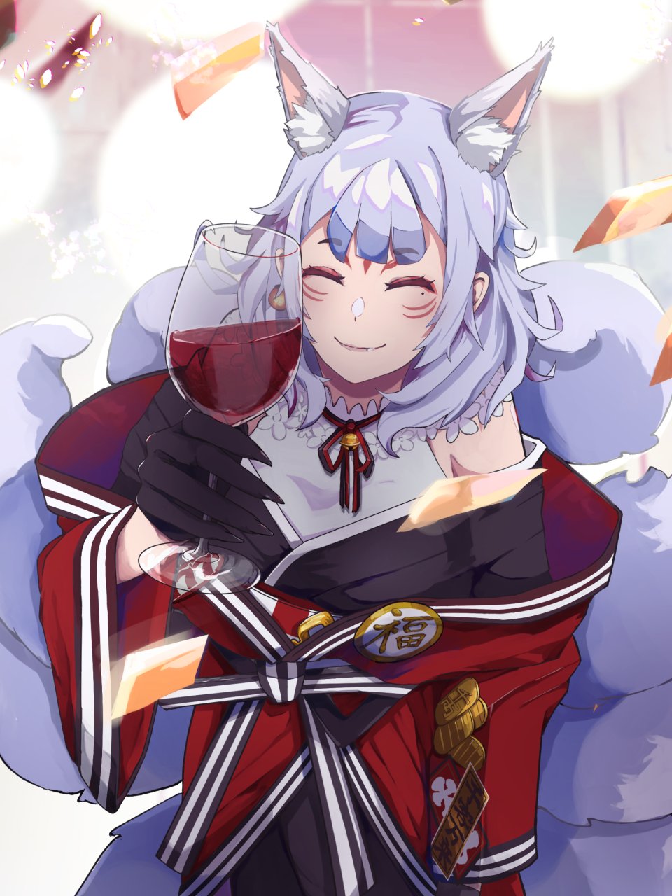 1girl, alcohol, animal_ear_fluff, animal_ears, bell, black_gloves, closed_eyes, confetti, cup, dress, drink, drinking_glass, facial_mark, fox_ears, fox_tail, gloves, highres, holding, holding_drink, japanese_clothes, jingle_bell, kimono, long_hair, mole, mole_under_eye, motion_blur, multiple_tails, na2co3_verano, nijisanji, nijisanji_en, nina_kosaka, nina_kosaka_(1st_costume), off-shoulder_dress, off_shoulder, smile, solo, tail, virtual_youtuber, white_hair, wine, wine_glass