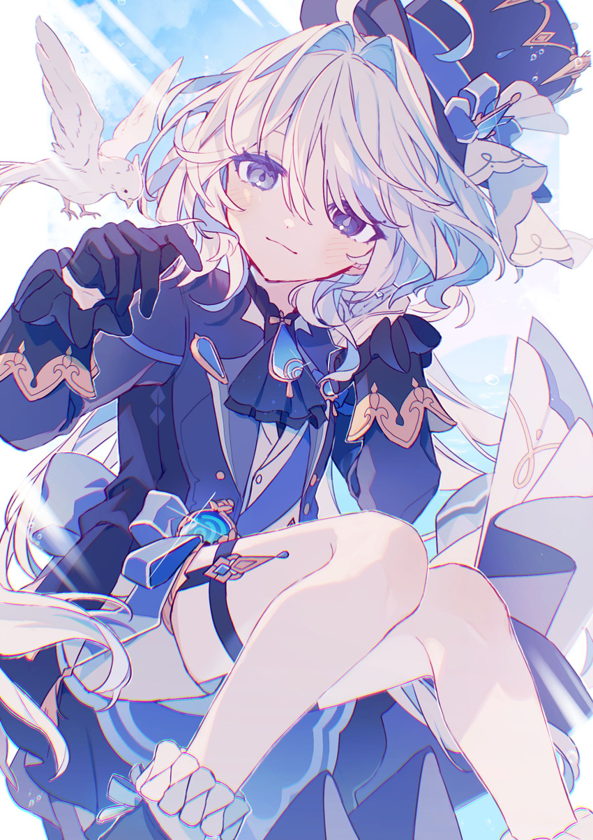 1girl, absurdres, anetu_u107, ascot, asymmetrical_gloves, bird, black_jacket, blue_eyes