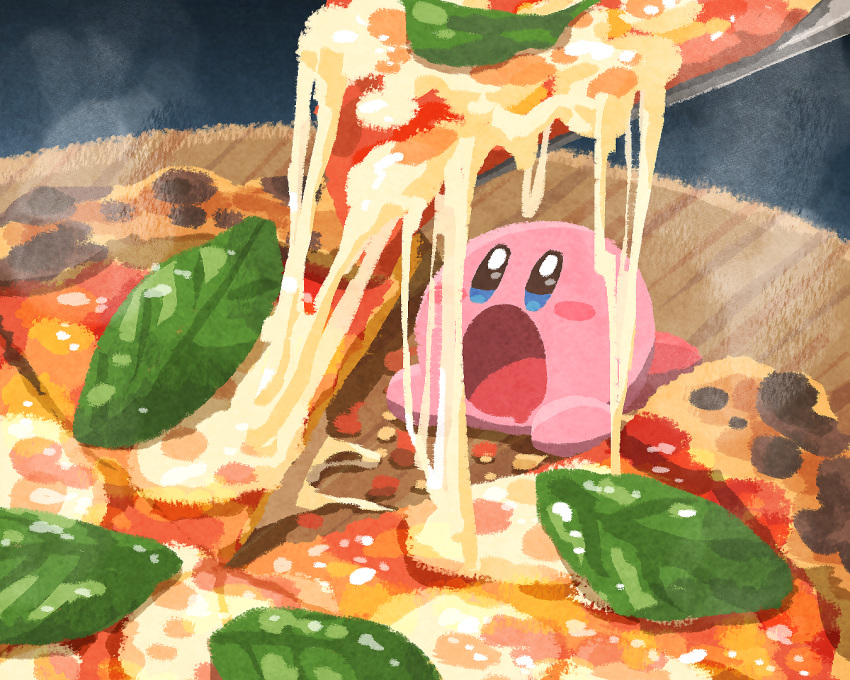 1other, basil_leaf, cheese, cheese_trail, commentary_request, cutting_board, food, food_focus, kirby, kirby_(series), margherita_pizza, miclot, no_humans, open_mouth, peel_(tool), pizza, pizza_slice