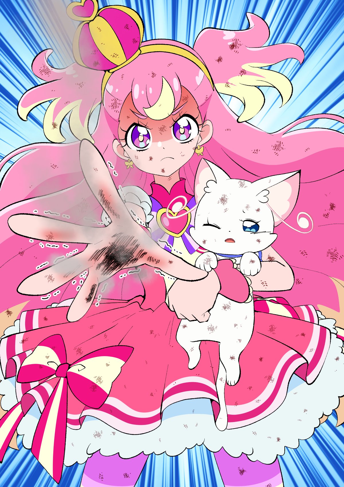 @est@, arched_crown, blocking, bow, brooch, burn_scar, butterfly_earrings, carrying, cat, check_commentary, commentary, commentary_request, crown, cure_wonderful, dirty, dress_bow, earrings, hairband, heart, heart_brooch, highres, injury, inukai_komugi, jewelry, mini_crown, multicolored_hair, nekoyashiki_yuki, nekoyashiki_yuki_(cat), one_eye_closed, pink_crown, pink_hair, pink_wrist_cuffs, precure, scar, serious, speed_lines, white_fur, wonderful_precure!, wrist_cuffs